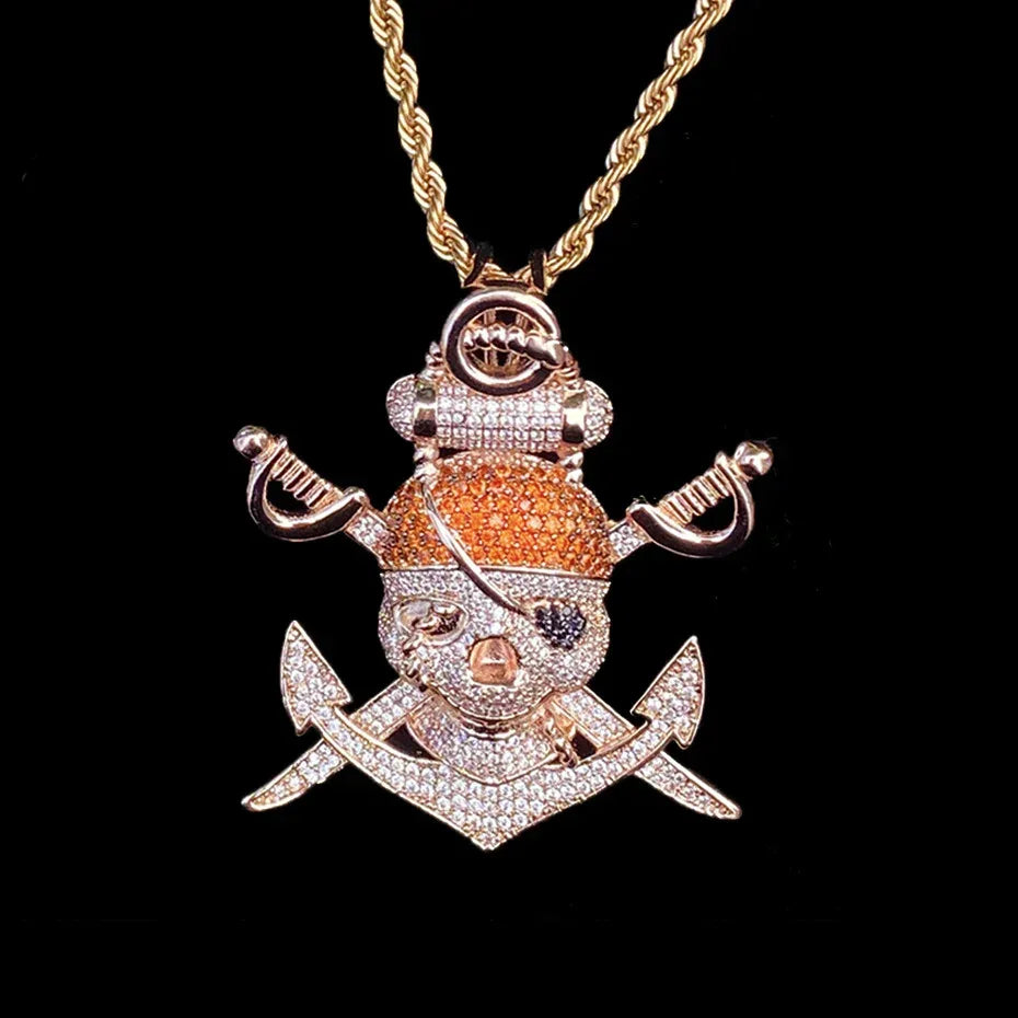 Iced Out Pirate Skull Pendant | Men's 5A CZ "Jolly Roger" Necklace - CaratixJewelry